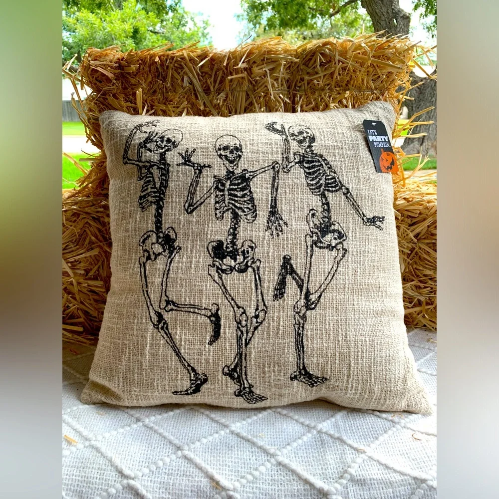 Halloween Decor Pillow Funny Dancing Skeletons Tan- NWT